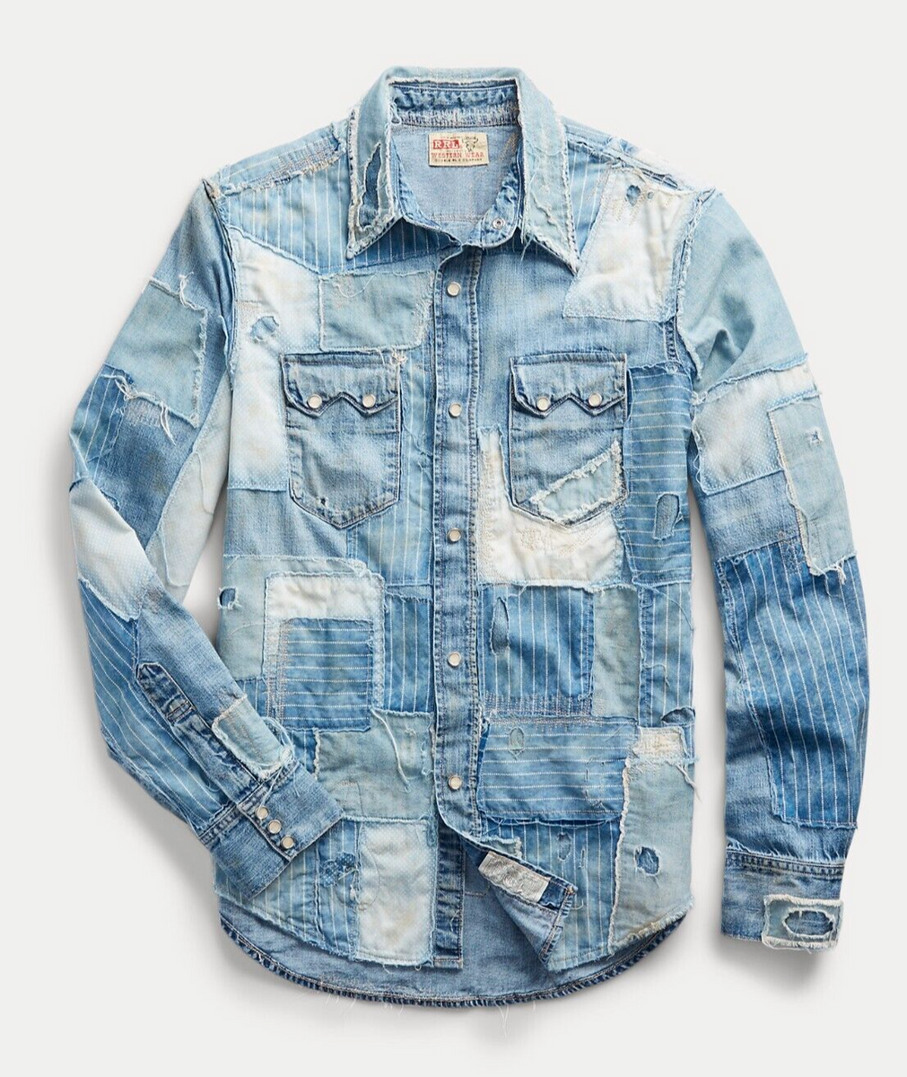 RRL Ralph Lauren Patchwork Repaired Denim Western Shirt Men's 2XL