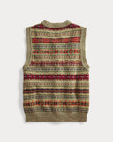New RRL Ralph Lauren Fair Isle Wool V-Neck Jacquard Olive Vest Men's Medium M