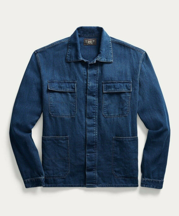 RRL Ralph Lauren Indigo Blue Jacket Linen Herringbone Overshirt Men's 2XL XXL