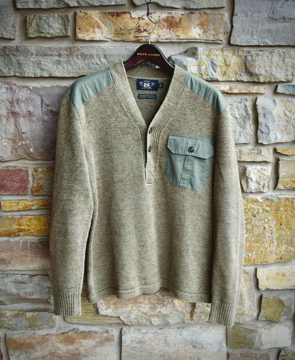 RRL Ralph Lauren Green Linen Knit Henley Military Elbow Sweater Men's Small S