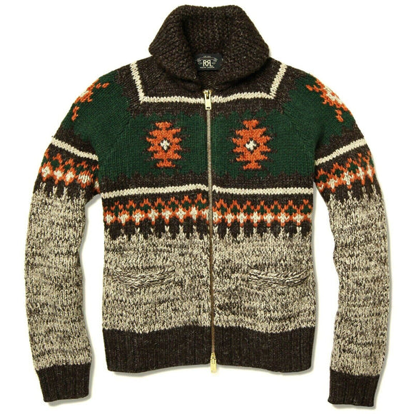 New RRL Ralph Lauren Brown Jacquard Knit Shawl Cardigan Sweater Men's Small S