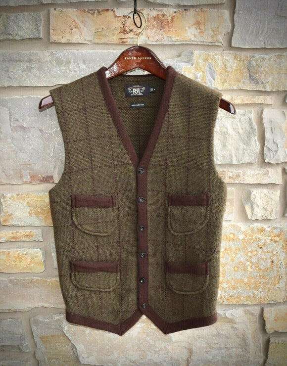 RRL Ralph Lauren Green Brown Wool Check Knit Sweaater Vest Men's Medium M