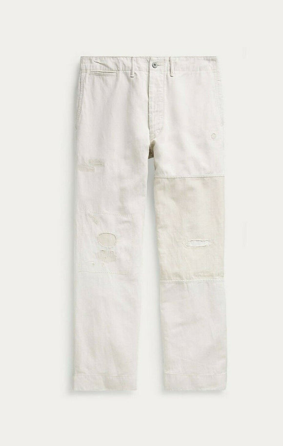 New RRL Ralph Lauren White Chino Cotton Pants Repaired Trousers Men's 40 x 32