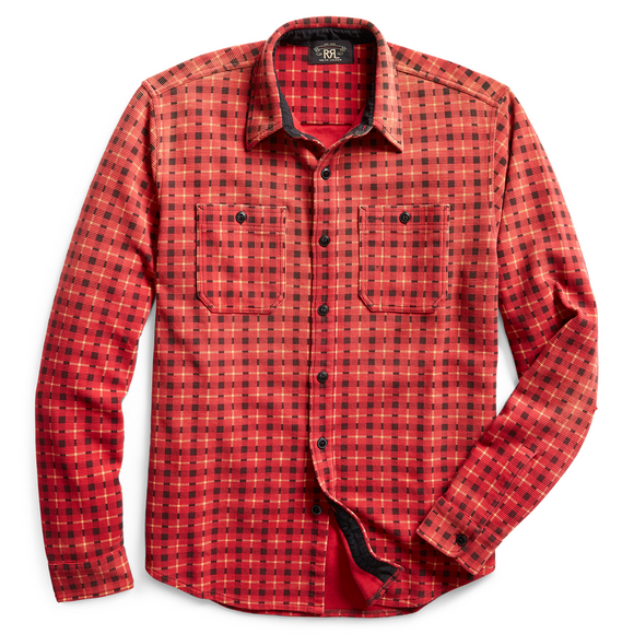 RRL Ralph Lauren Ottoman Red Cotton Plaid Print Work Shirt Men's Extra-Large XL