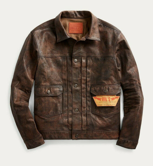 RRL Ralph Lauren Leather Buffalo Hide Jacket Denim Jacket Lined XL Extra-Large