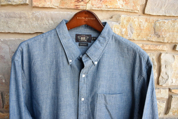 RRL Ralph Lauren Chambray Solid Blue Workshirt Button Shirt Mens 2XL XXL