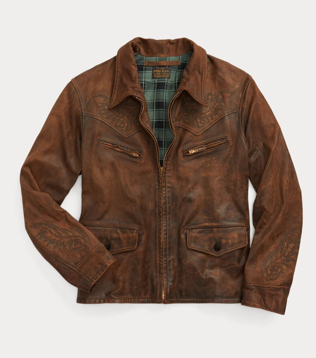 RRL Ralph Lauren Brown Embroidered Leather Jacket Coat