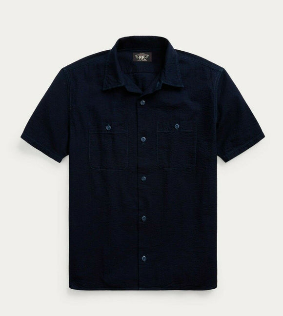 RRL Ralph Lauren Seersucker Indigo Navy Solid Button Shirt Men's Medium M Camp