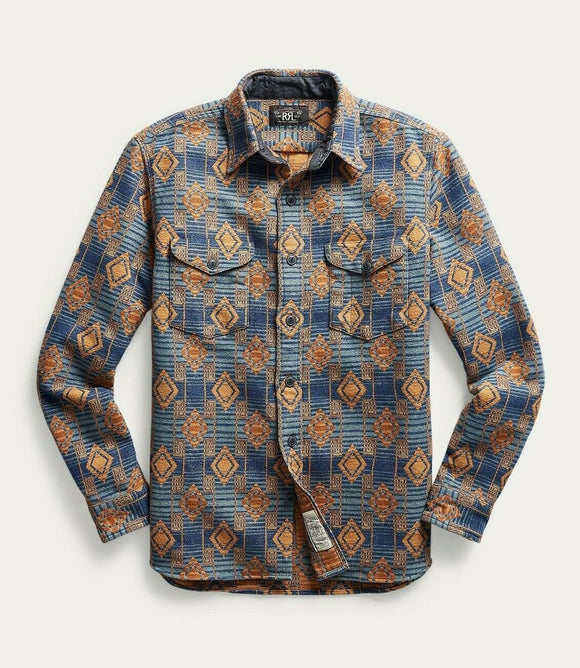 RRL Ralph Lauren Geometric Brushed Jacquard Flannel Workshirt Men XL Extra-Large