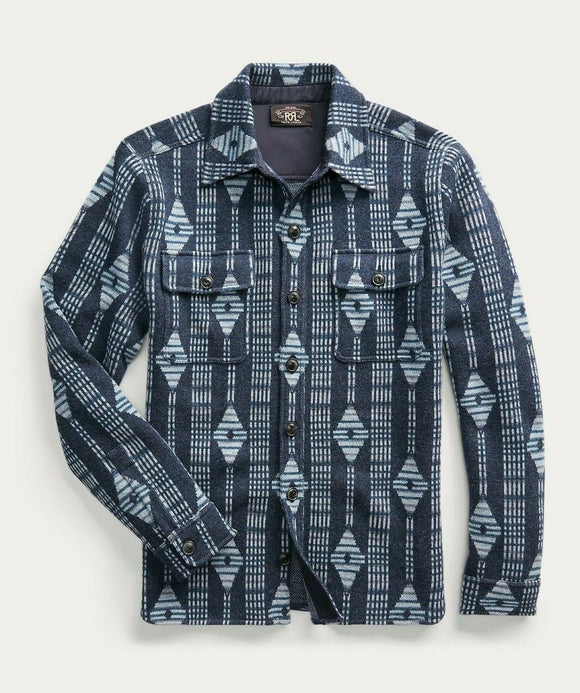 $845 RRL Ralph Lauren Wool Cashmere Plaid Blue Workshirt Jacket Men's 2XL XXL