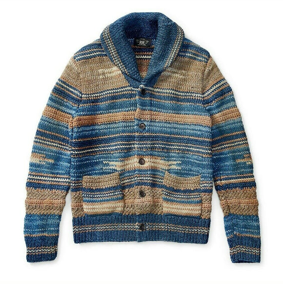 New RRL Ralph Lauren Blue Hand-Knit Brown Shawl Cardigan Sweater Men's Small S