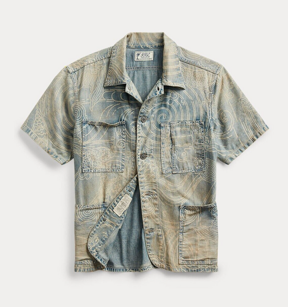 RRL Ralph Lauren Denim Koi Shirt Indigo Hawaiian Camp Shirt Men's 2XL XXL