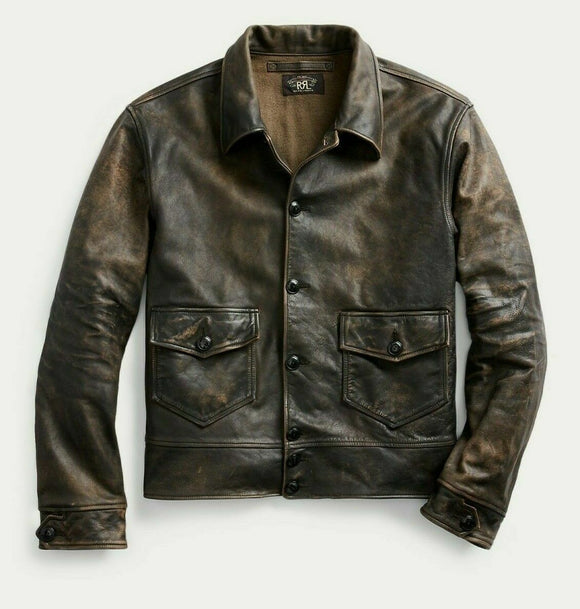 RRL Ralph Lauren Brown Newsboy 1900s Patina Leather Jacket Men's Extra-Large XL