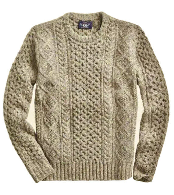 RRL Ralph Lauren Aran Irish Cable-Knit Donegal Wool Sweater Men's L Large