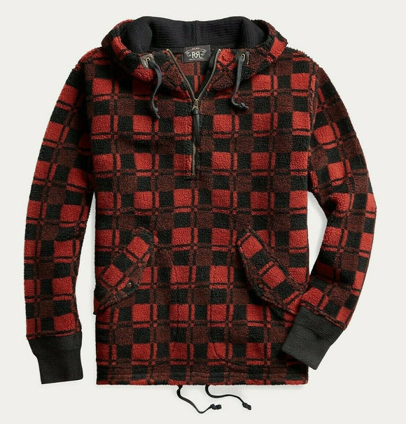 RRL Ralph Lauren Red Jacket Plaid Fleece Hoodie Sweatshirt Men's S Small