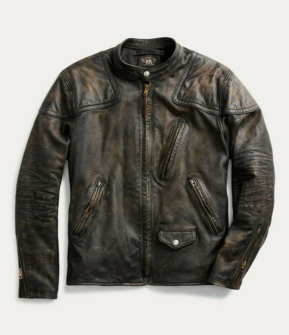 RRL Ralph Lauren Slim Fit Leather Moto Late 1940's Cafe Jacket Men's Large L