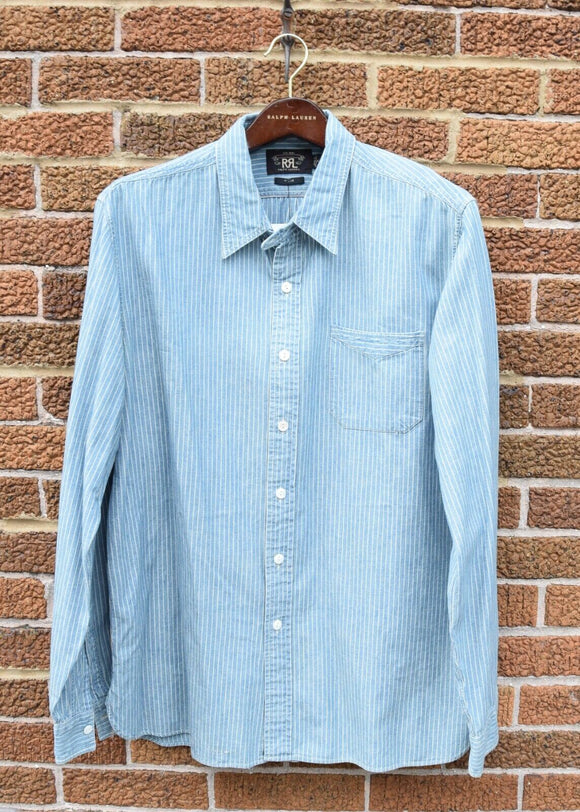 New RRL Ralph Lauren Blue Workshirt Striped Slim Cotton Men Shirt Extra-Large XL