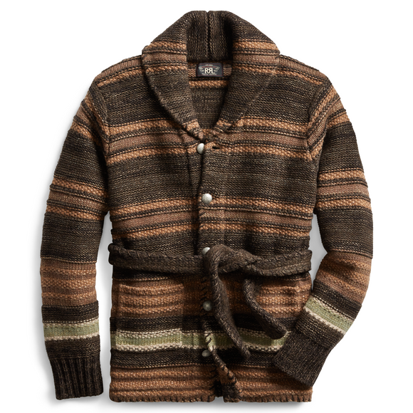 RRL Ralph Lauren Wool Knit Blanket Ranch Brown Striped Cardigan Men's Small S