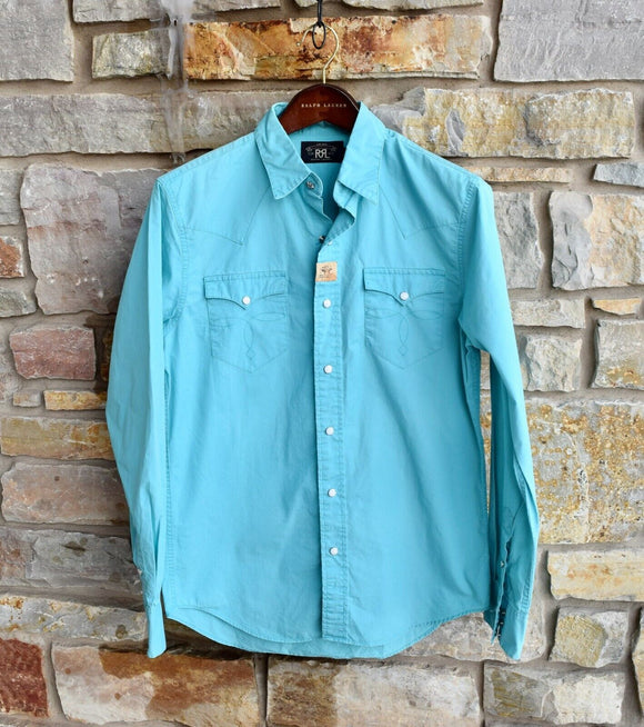New RRL Ralph Lauren Blue Western Snap Solid Teal Cotton Men's Shirt Medium M