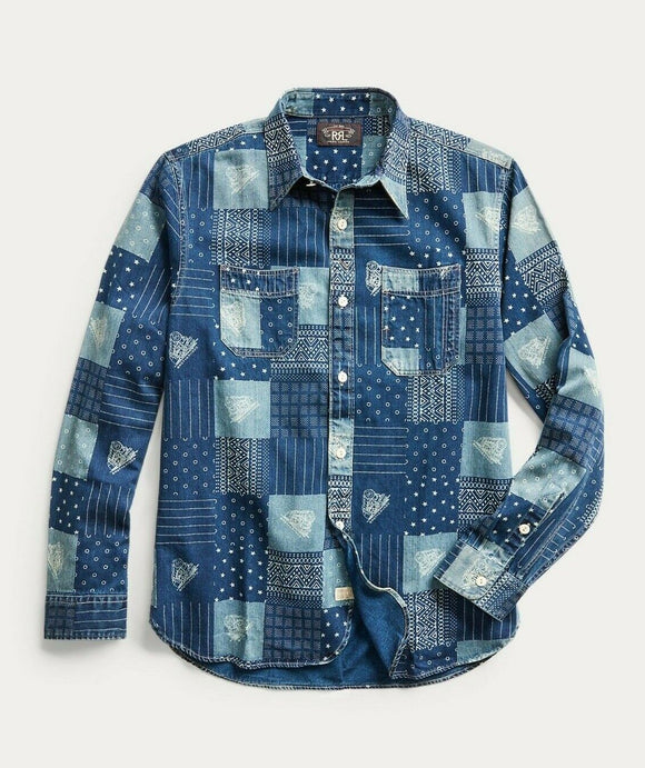 RRL Ralph Lauren Patchwork Print Indigo Blue Workshirt Shirt Mens Extra-Large XL