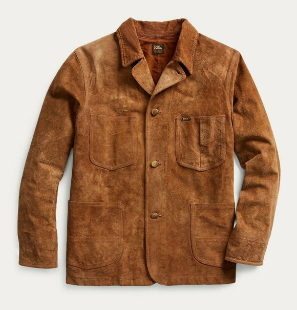 RRL Ralph Lauren Roughout Suede Coat Leather Chore Tan Jacket Men XL Extra-Large