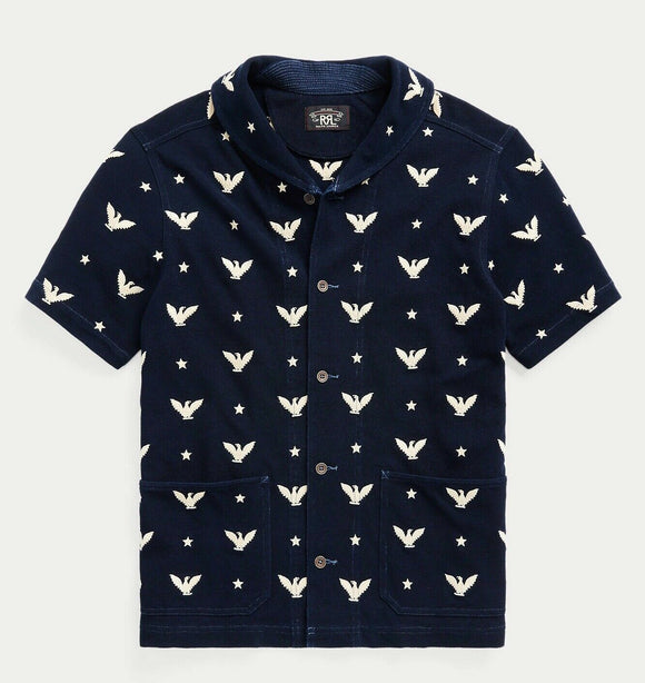 RRL Ralph Lauren Eagle Embroidered Indigo Navy Mesh Shirt Men's Extra-Large XL