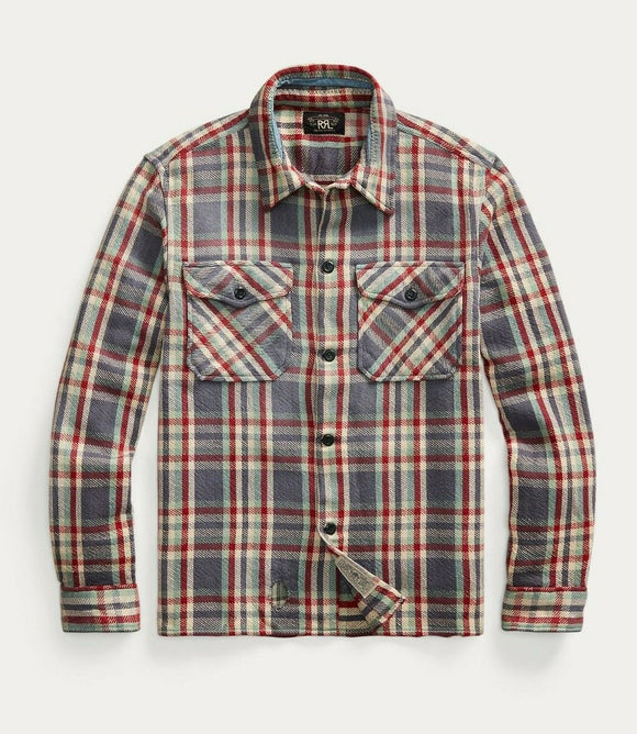 RRL Ralph Lauren Distressed Repaired Plaid Twill Cotton Flannel Men's Small S