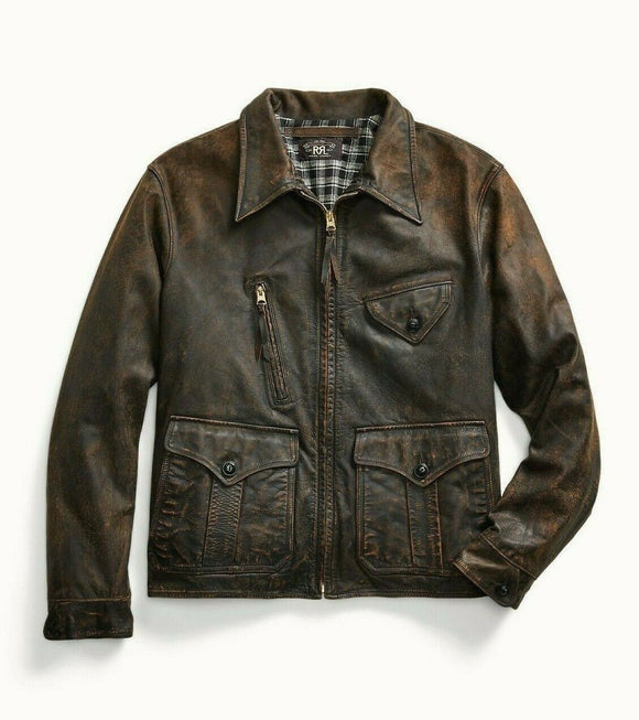 RRL Ralph Lauren Brown Emsworth 1900s Leather Jacket Newsboy Men's XXL 2XL