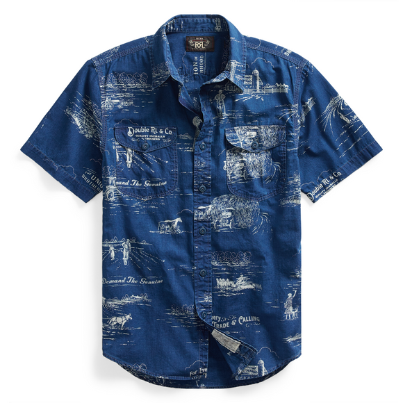 RRL Ralph Lauren 1940's Farming Western Print Blue Button Shirt Men's Large L