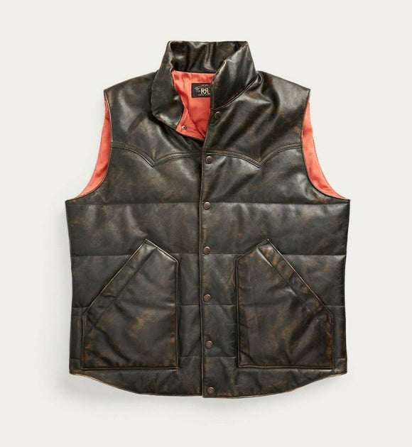 RRL Ralph Lauren Suede-Yoke Quilted Down Vest Jacket Coat Puffer Men's Large L