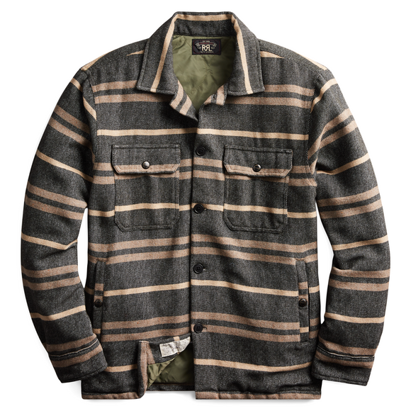 RRL Ralph Lauren Brown Striped Jacket Lined Wool Overshirt Men's Extra-Large XL