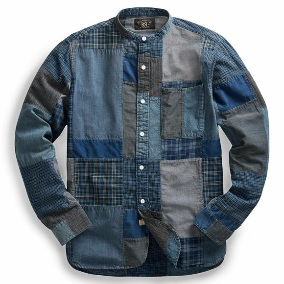 RRL Ralph Lauren Patchwork Banded Flannel Blue Shirt Indigo Plaid Men's Small S