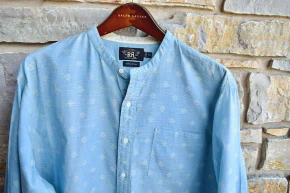 RRL Ralph Lauren Banded Geometric Blue 1950s Workshirt Button Shirt Mens 2XL XXL
