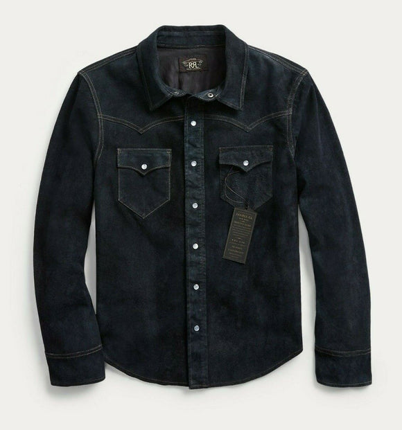 RRL Ralph Lauren Indigo Suede Western Leather Jacket Overshirt XL Extra-Large