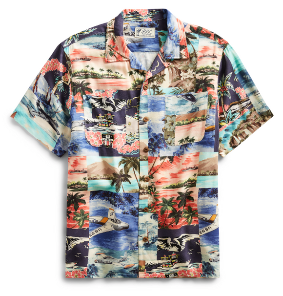 RRL Ralph Lauren Vintage Hawaiian Double RL Print Shirt XS Extra-Small Camp