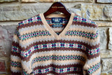 RRL Ralph Lauren Fair Isle V-Neck Brown Knit Suede Elbow Sweater Men's Small S