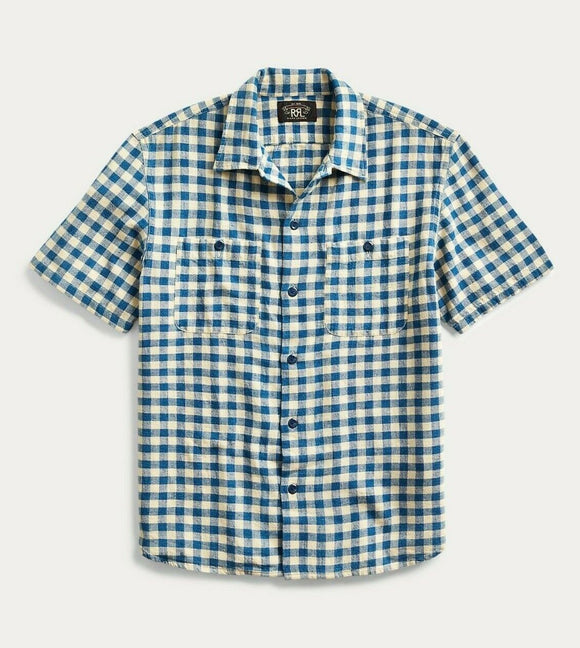 New RRL Double RL Cotton Linen Rustic Check Shirt White Blue S/S Men's Small S