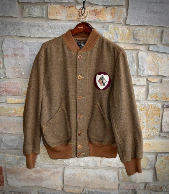 RRL Ralph Lauren Wool Varsity Brown Jacket Indian Arrowhead Men's Large L