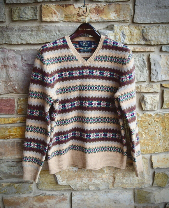 RRL Ralph Lauren Fair Isle V-Neck Brown Knit Suede Elbow Sweater Men's Small S