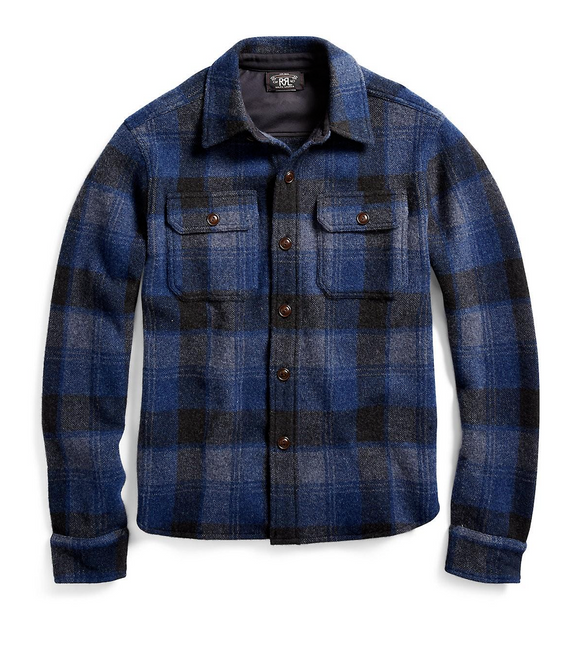 $895 RRL Ralph Lauren Wool Cashmere Blend Plaid Blue Black Jacket Men's 2XL XXL