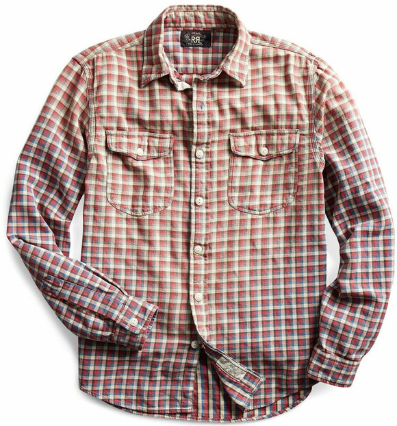New RRL Ralph Lauren Lee Shirt Workshirt Check Red Faded Men's L Large Flannel