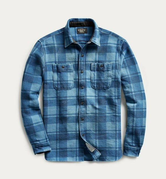 RRL Ralph Lauren Check Blue Jacquard Heavy Flannel Workshirt Mens XL Extra-Large