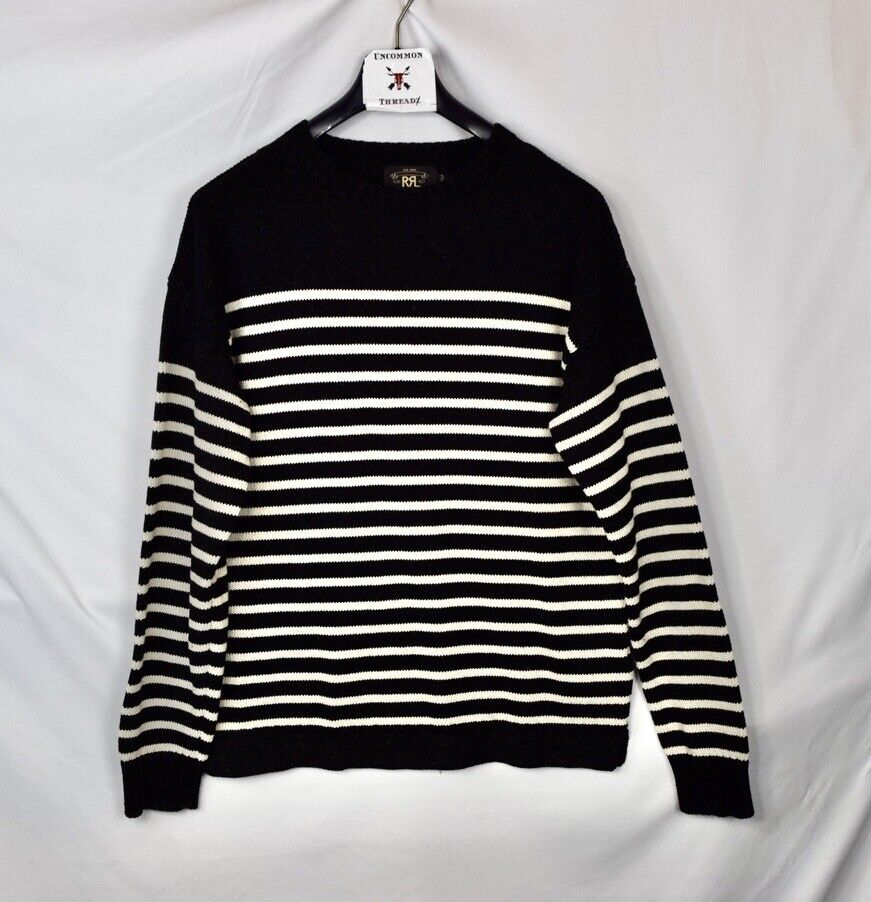 New RRL Ralph Lauren Faded Black Striped Crewneck Sweatshirt Men's