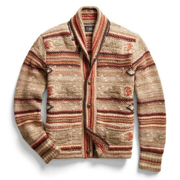 RRL Ralph Lauren Southwestern Wool Linen Blend Hand Knit Cardigan Men's Medium M