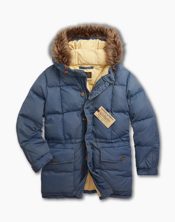 RRL Ralph Lauren Quilted 1950's Blue Parka Jacket Coat Fur Mens Large L
