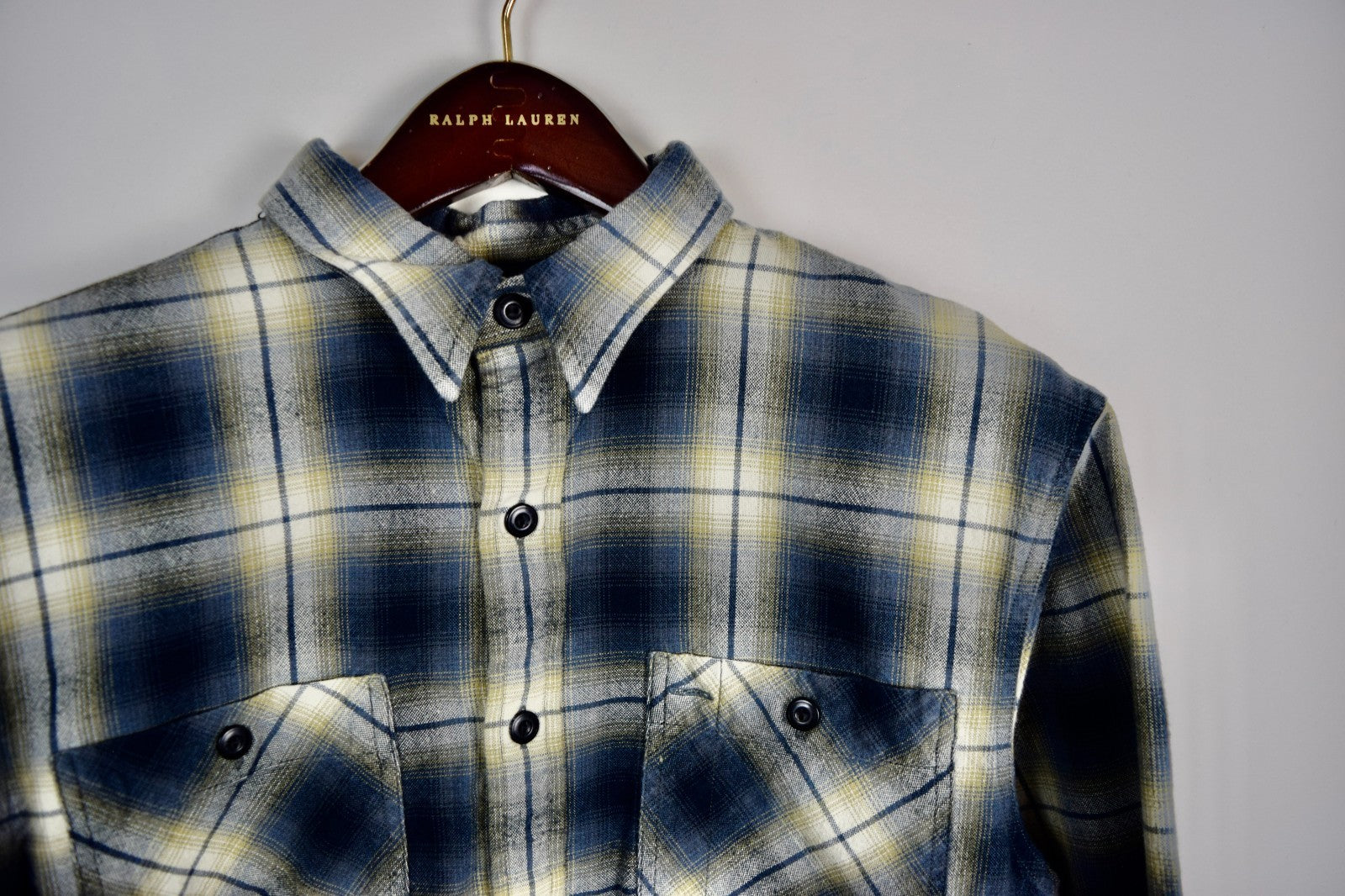 トップス RRL Shadow Plaid Rayon Loop L/S Shirt RRL Ralph Lauren Blue Check Shadow Plaid Workshirt Mens Shirt L/S