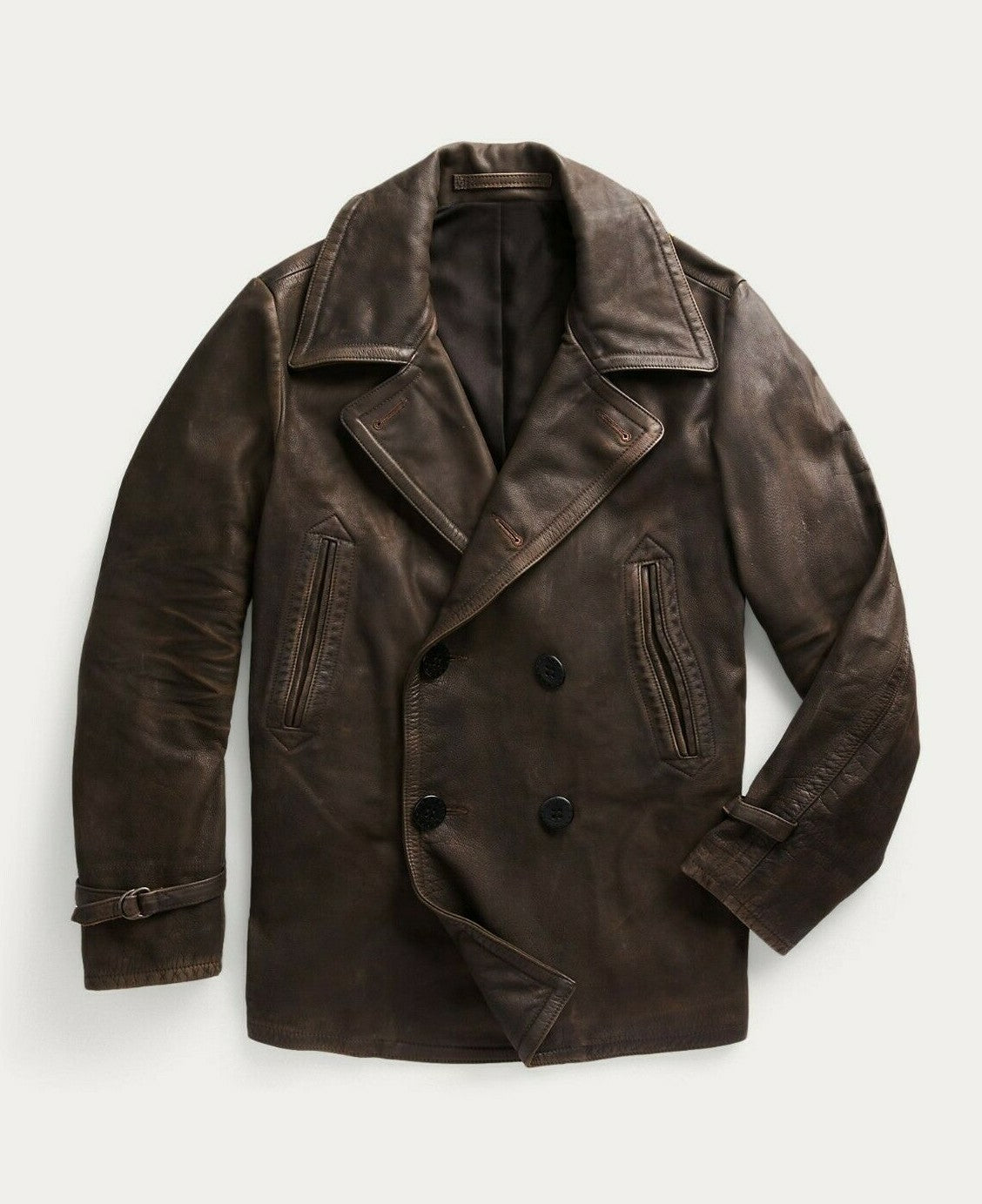 RRL Ralph Lauren Leather Dark Brown Peacoat Jacket Coat Trench