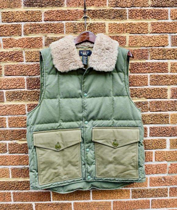 RRL Ralph Lauren Green Shearling Quilted Down Vest Jacket Men XL Extra-Large