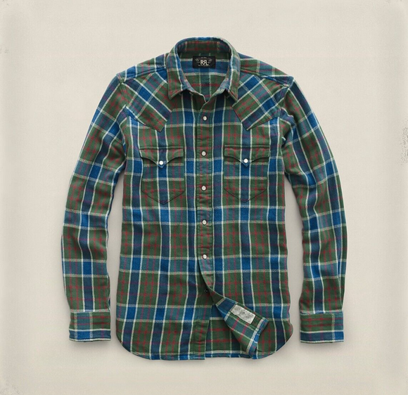 2014 RRL Cotton Buffalo Western Green Blue Shirt *Defects Plaid Men's Large L