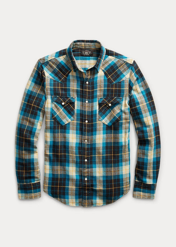 2018 RRL Plaid Buffalo Snap Western Blue Check Shirt *Defects Men Extra-Large XL